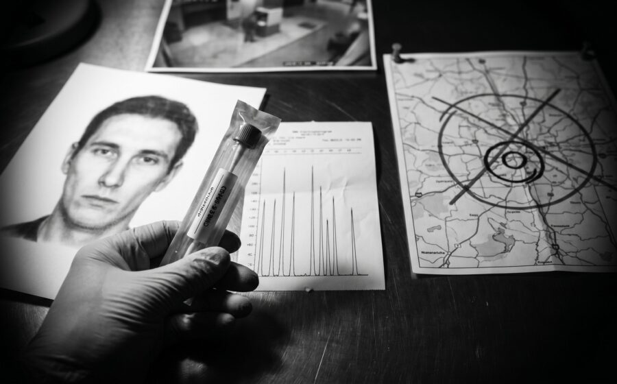 Forensic DNA phenotyping in a crime lab: swab, electropherogram peaks, and a narrowed search map beside a discarded composite sketch