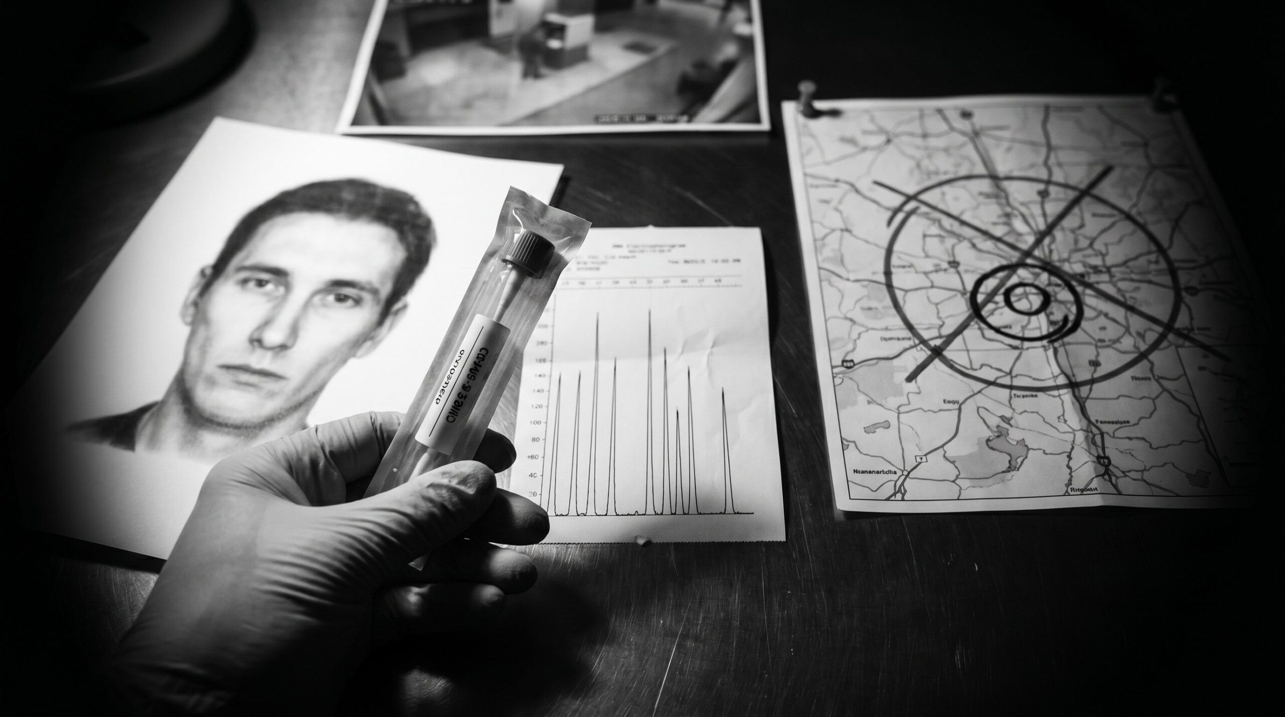 Forensic DNA phenotyping in a crime lab: swab, electropherogram peaks, and a narrowed search map beside a discarded composite sketch