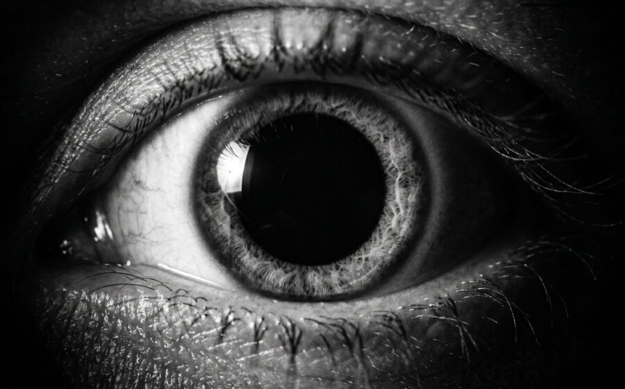 Drogen Pupillen: extrem weite Pupille (Mydriasis) im Makro, forensisches Vergleichsfoto Schwarzweiß