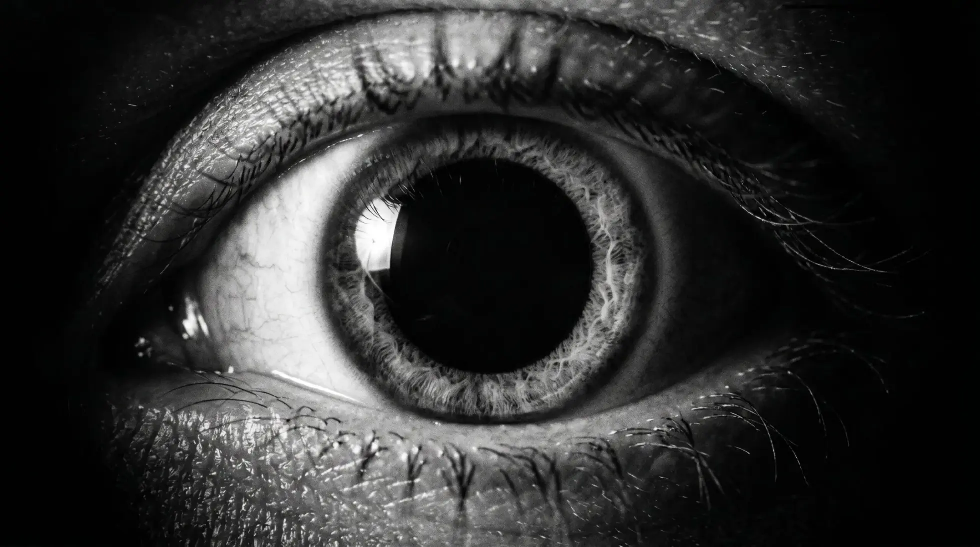 Macro photograph of a human eye with a widely dilated pupil, on telling drug effects from stress in comparison photos