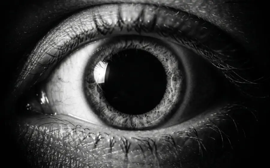 Macro photograph of a human eye with a widely dilated pupil, on telling drug effects from stress in comparison photos