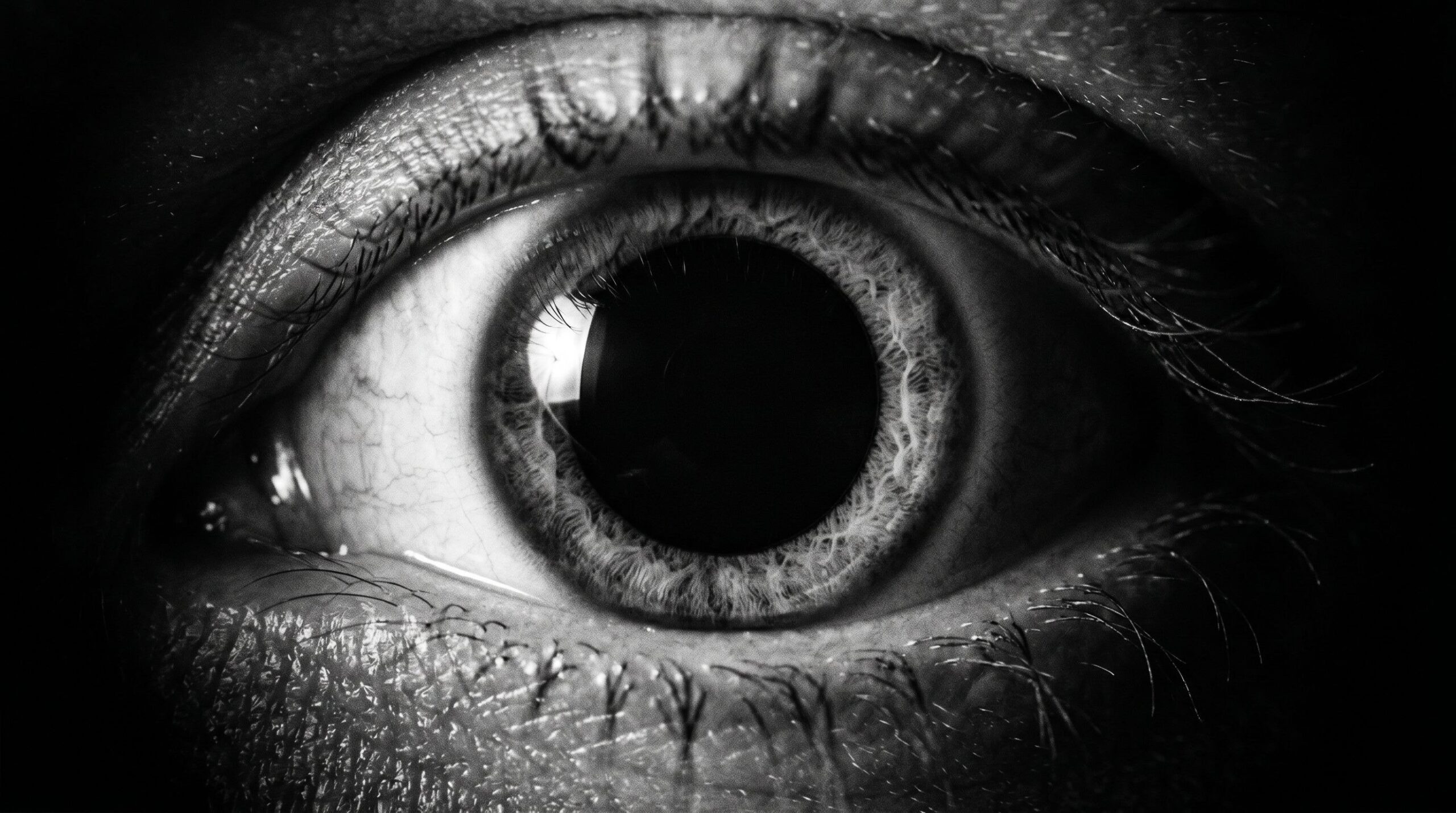 Drogen Pupillen: extrem weite Pupille (Mydriasis) im Makro, forensisches Vergleichsfoto Schwarzweiß