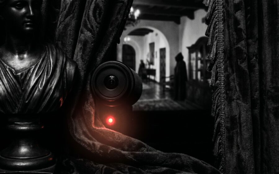 Covert surveillance camera setup in a Mediterranean villa, symbolizing the Ibiza video investigation