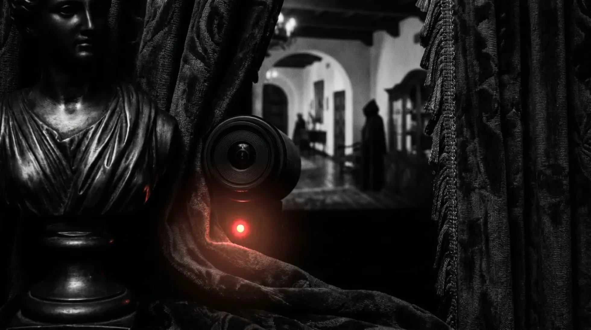 Covert surveillance camera setup in a Mediterranean villa, symbolizing the Ibiza video investigation