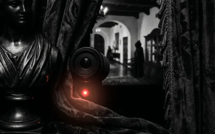Covert surveillance camera setup in a Mediterranean villa, symbolizing the Ibiza video investigation