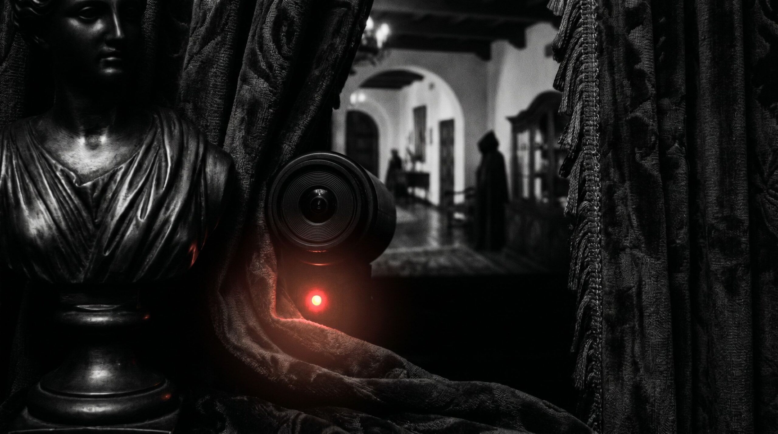 Covert surveillance camera setup in a Mediterranean villa, symbolizing the Ibiza video investigation