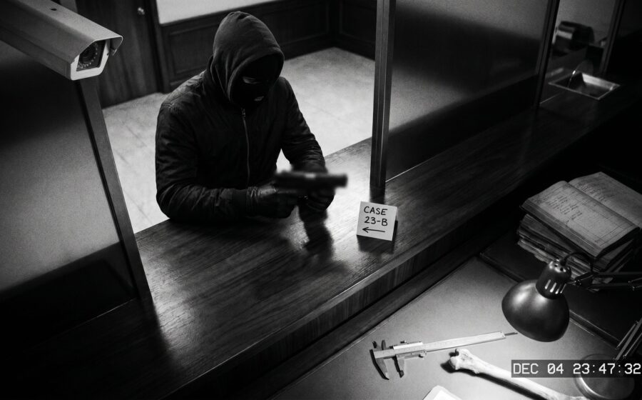 Bank robbery captured on overhead CCTV footage, masked suspect at the counter
