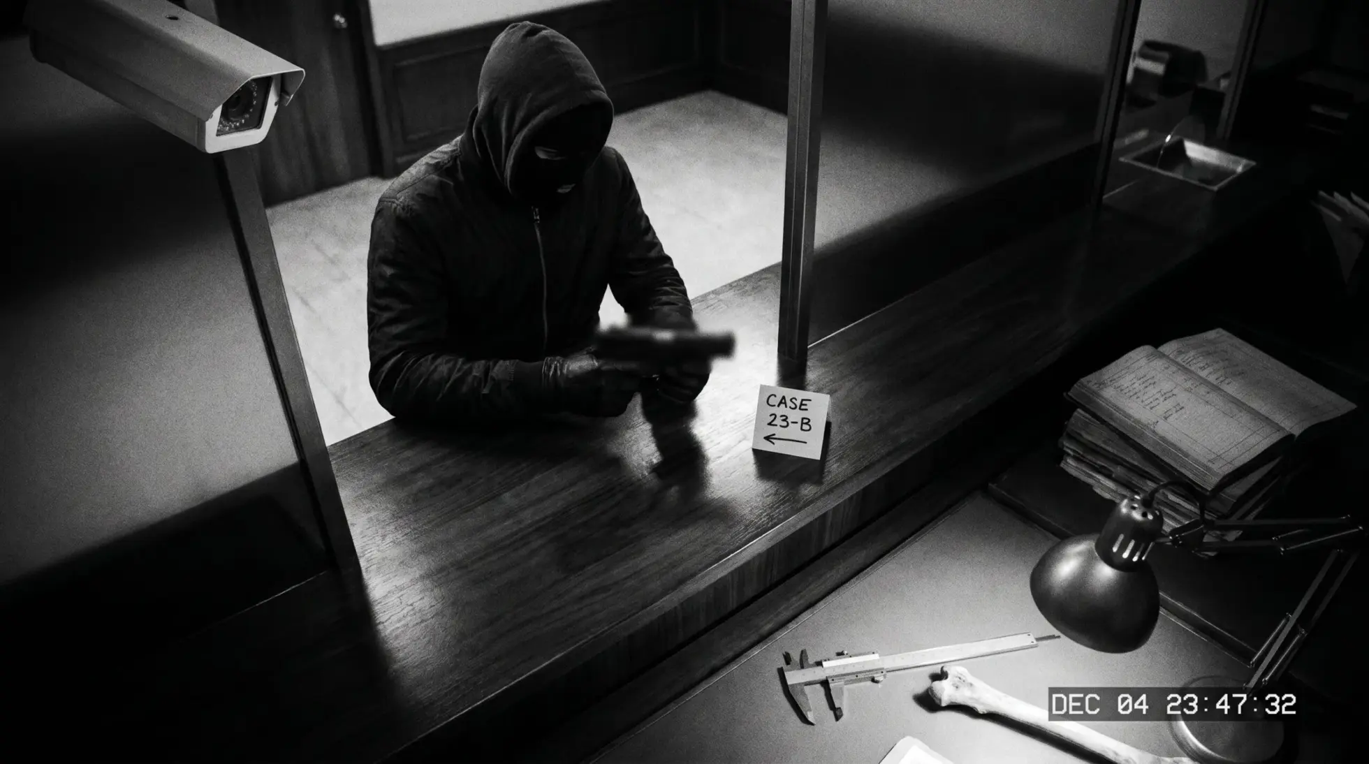 Bank robbery captured on overhead CCTV footage, masked suspect at the counter