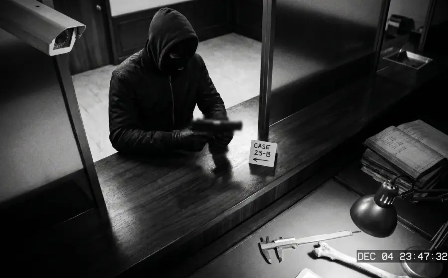 Bank robbery captured on overhead CCTV footage, masked suspect at the counter