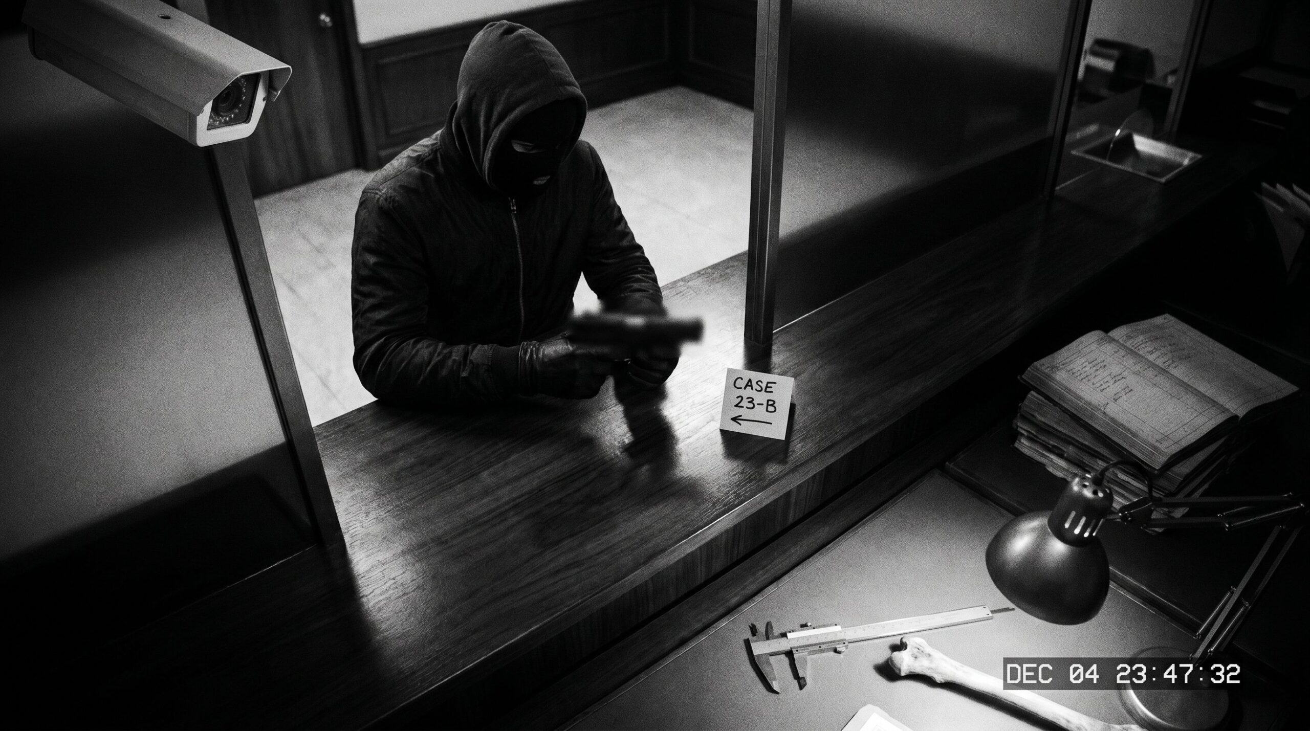 Bank robbery captured on overhead CCTV footage, masked suspect at the counter