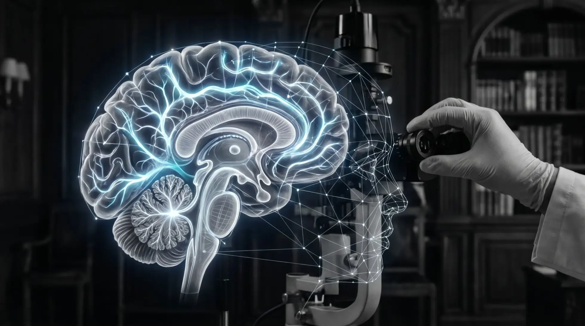 Brain neural pathways fused with facial recognition mesh, interdisciplinary neuroplasticity research