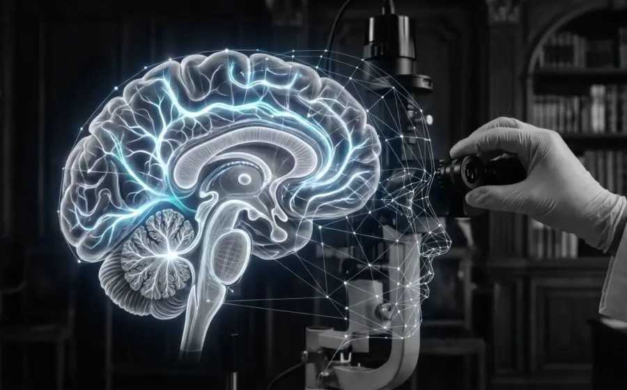 Brain neural pathways fused with facial recognition mesh, interdisciplinary neuroplasticity research