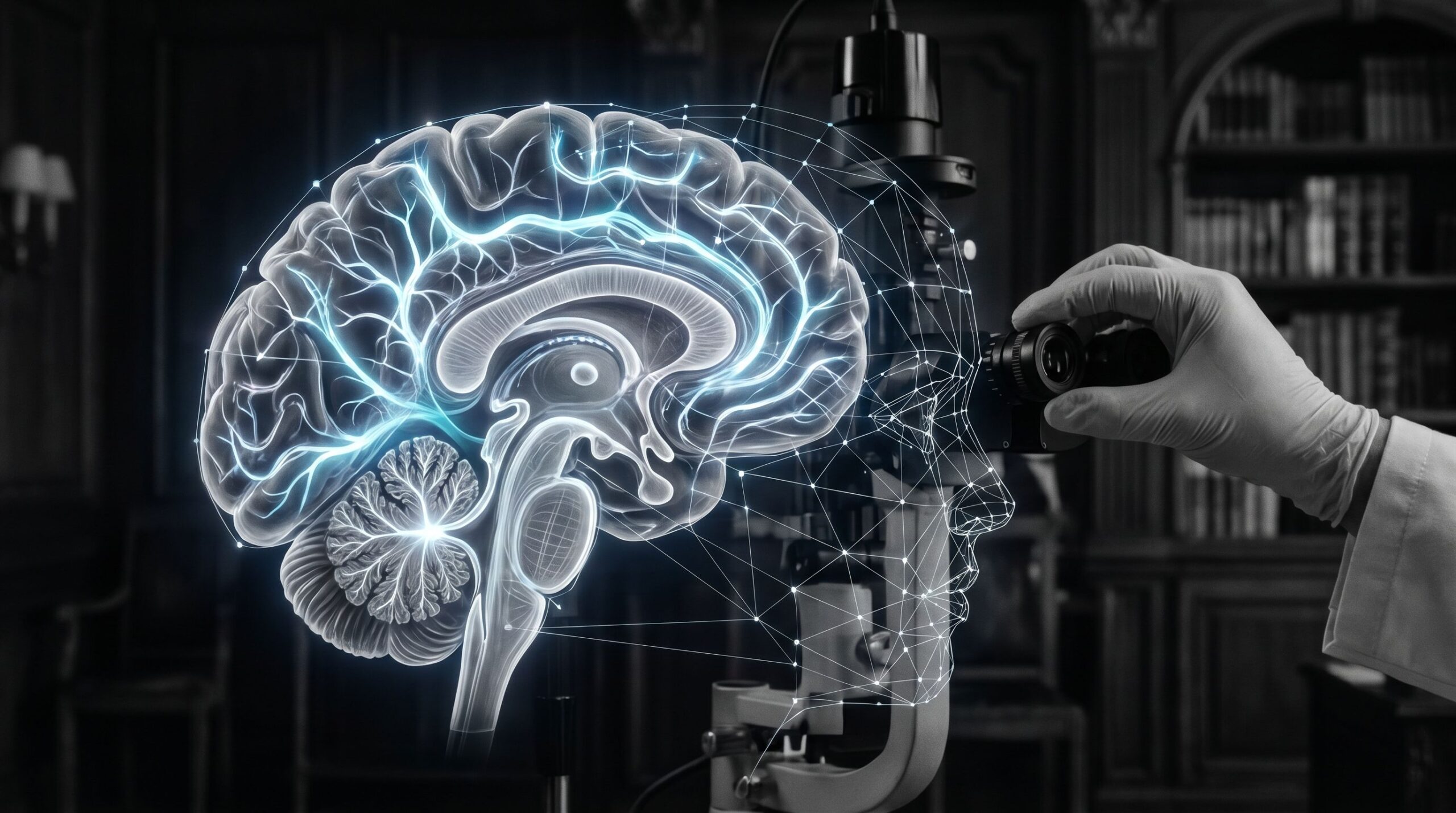Brain neural pathways fused with facial recognition mesh, interdisciplinary neuroplasticity research