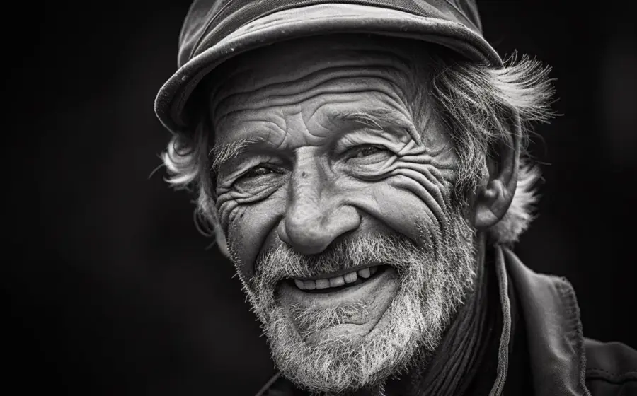 Portrait of a smiling elderly man with deep facial folds and wrinkles, on identifying individuals by facial creases