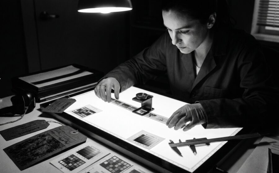 Forensic analyst examining photographic film on lightbox, expert image and video analysis