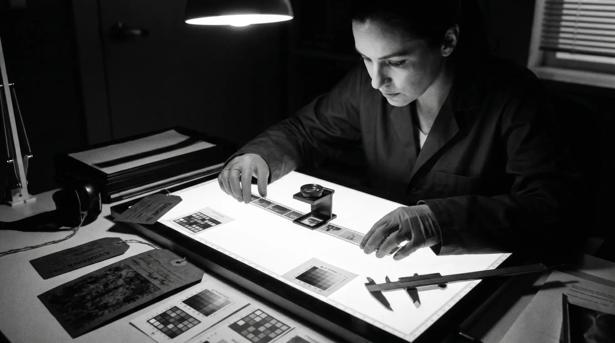 Forensic analyst examining photographic film on lightbox, expert image and video analysis