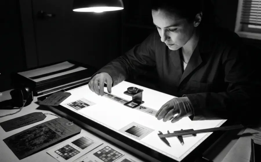Forensic analyst examining photographic film on lightbox, expert image and video analysis