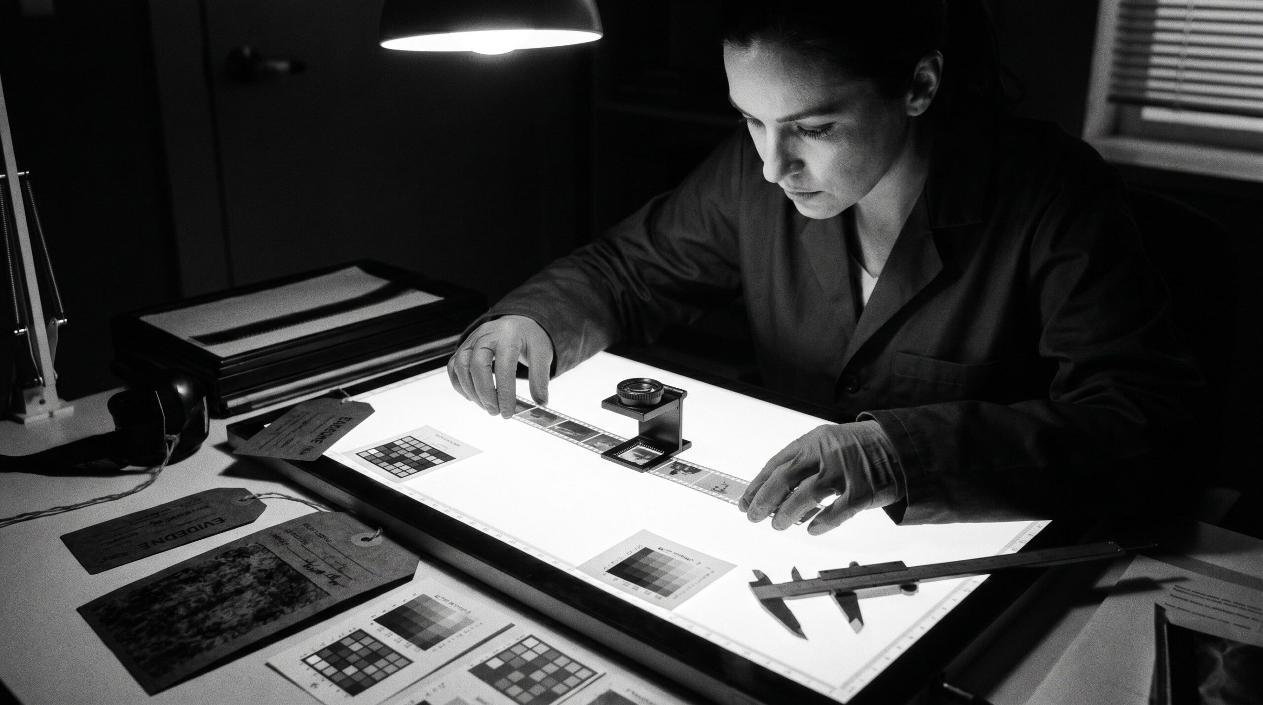 Forensic analyst examining photographic film on lightbox, expert image and video analysis