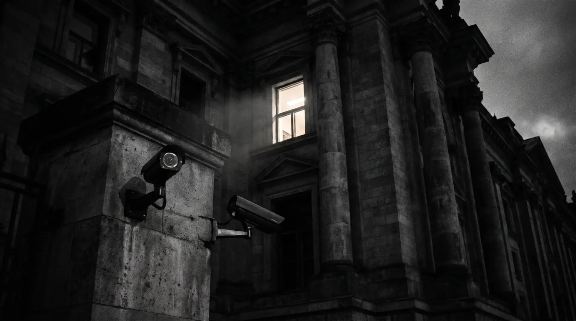 German federal government building at twilight with security cameras, institutional power and oversight