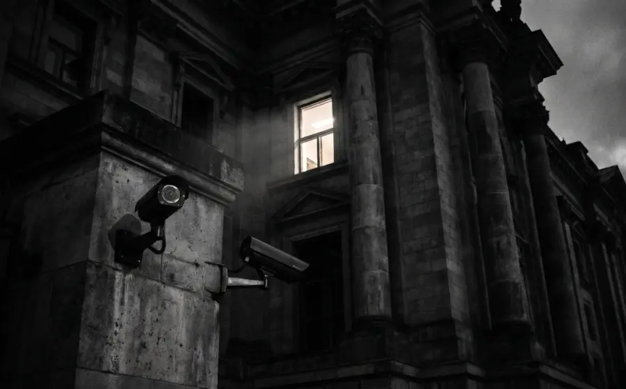German federal government building at twilight with security cameras, institutional power and oversight