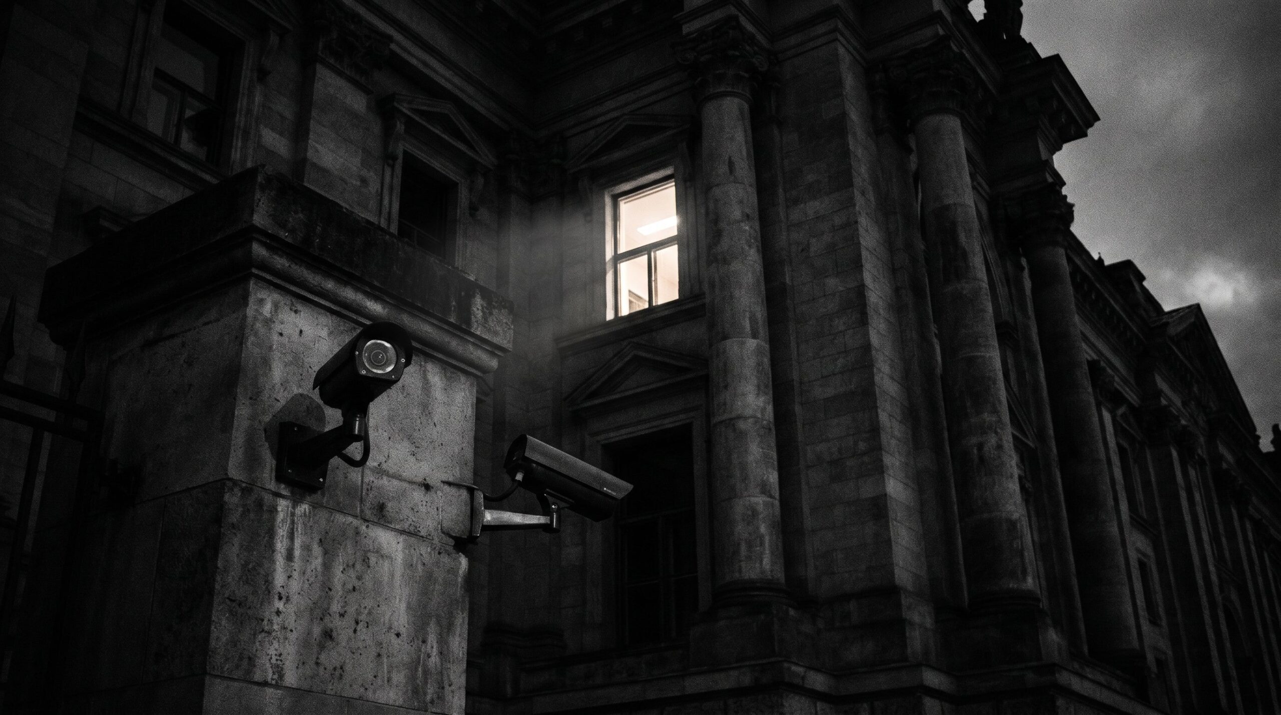 German federal government building at twilight with security cameras, institutional power and oversight