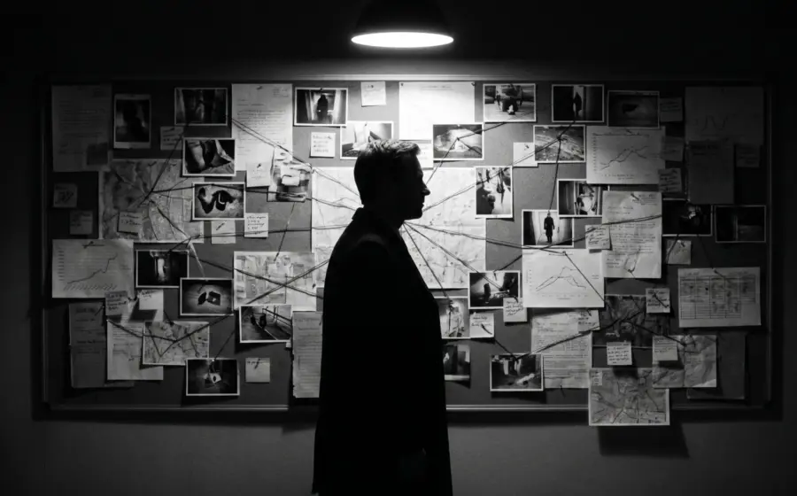 Crime evidence board in police briefing room, symbolizing a decade of criminological analysis in Germany