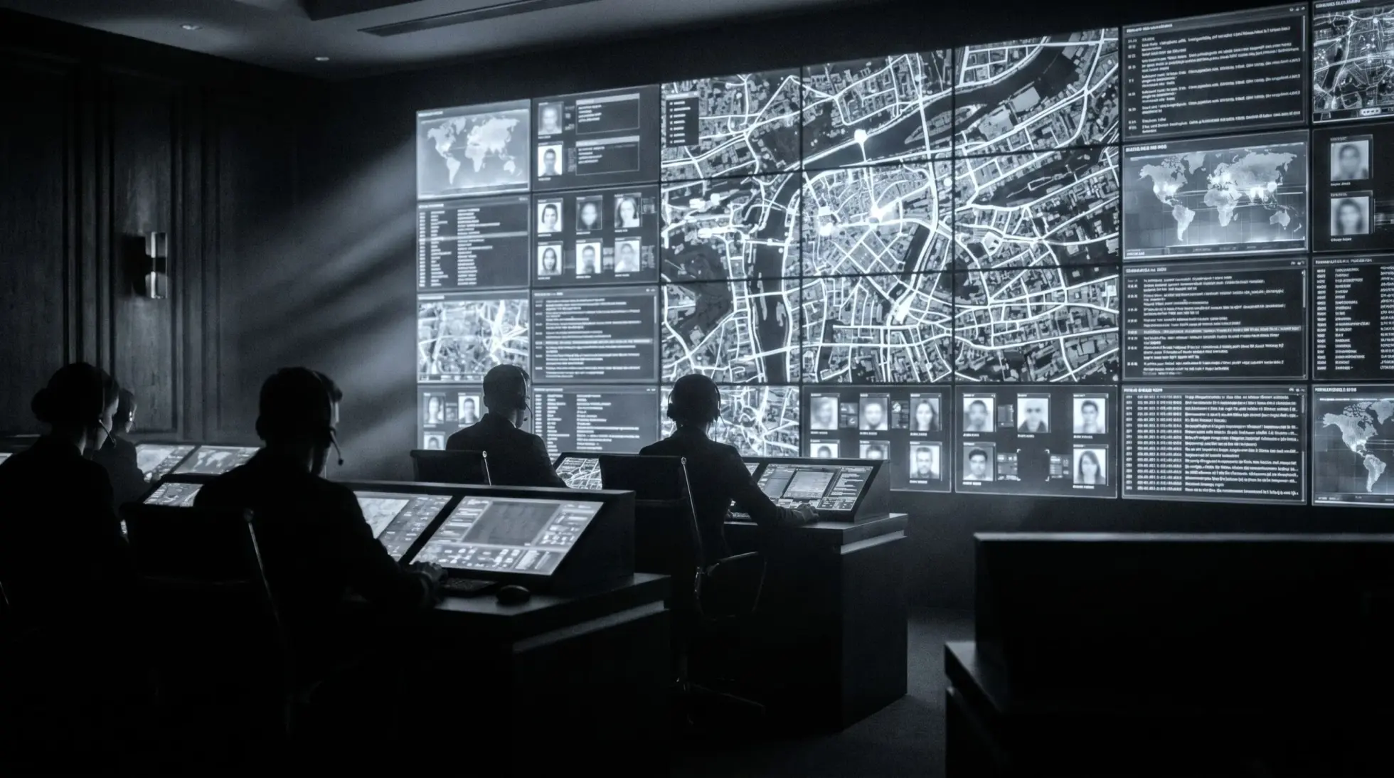 Surveillance control room with city data map, symbolizing Palantir intelligence infrastructure in Bavaria