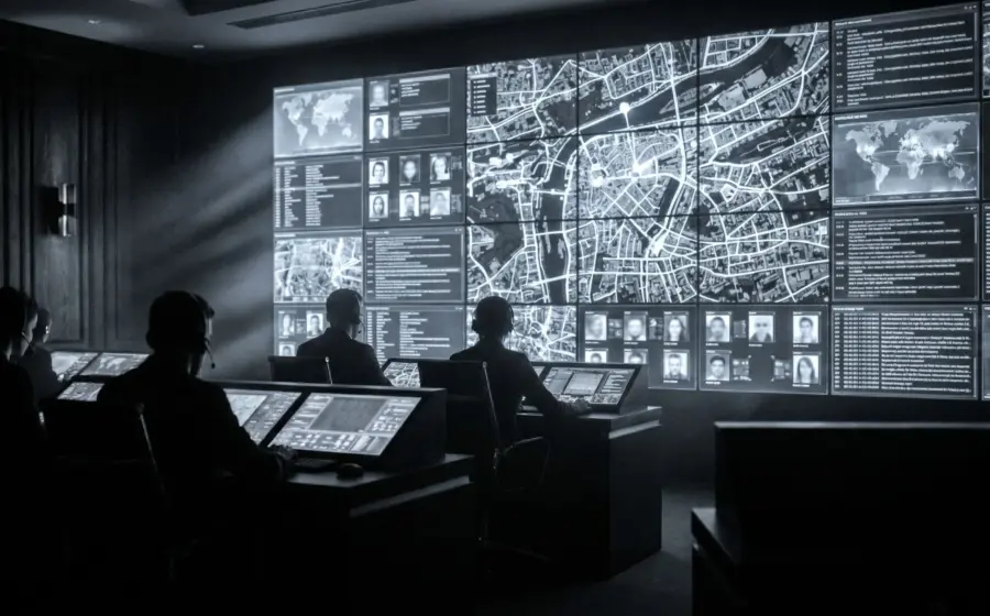 Surveillance control room with city data map, symbolizing Palantir intelligence infrastructure in Bavaria