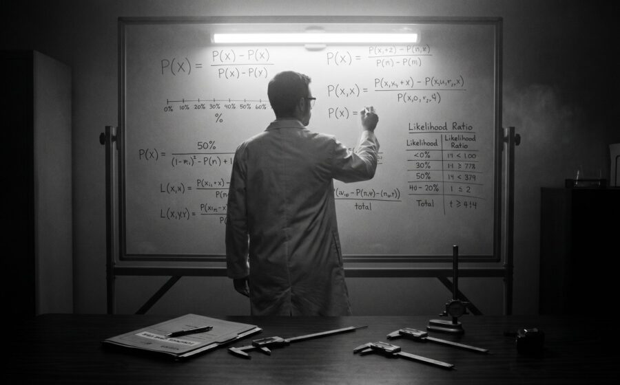 Forensic probability equations on glass whiteboard, symbolizing likelihood ratios in expert testimony