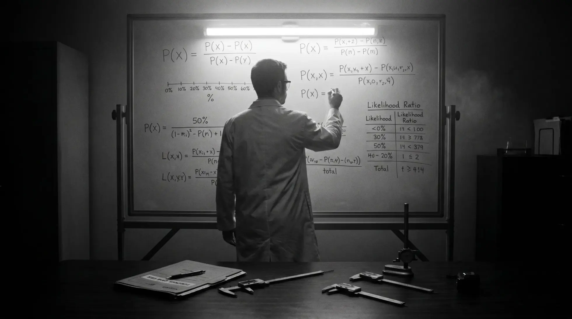 Forensic probability equations on glass whiteboard, symbolizing likelihood ratios in expert testimony