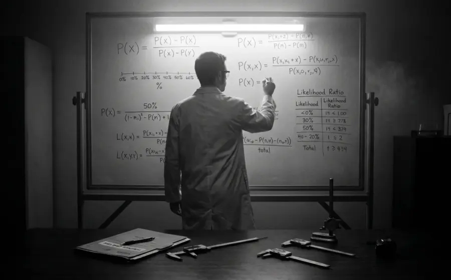 Forensic probability equations on glass whiteboard, symbolizing likelihood ratios in expert testimony