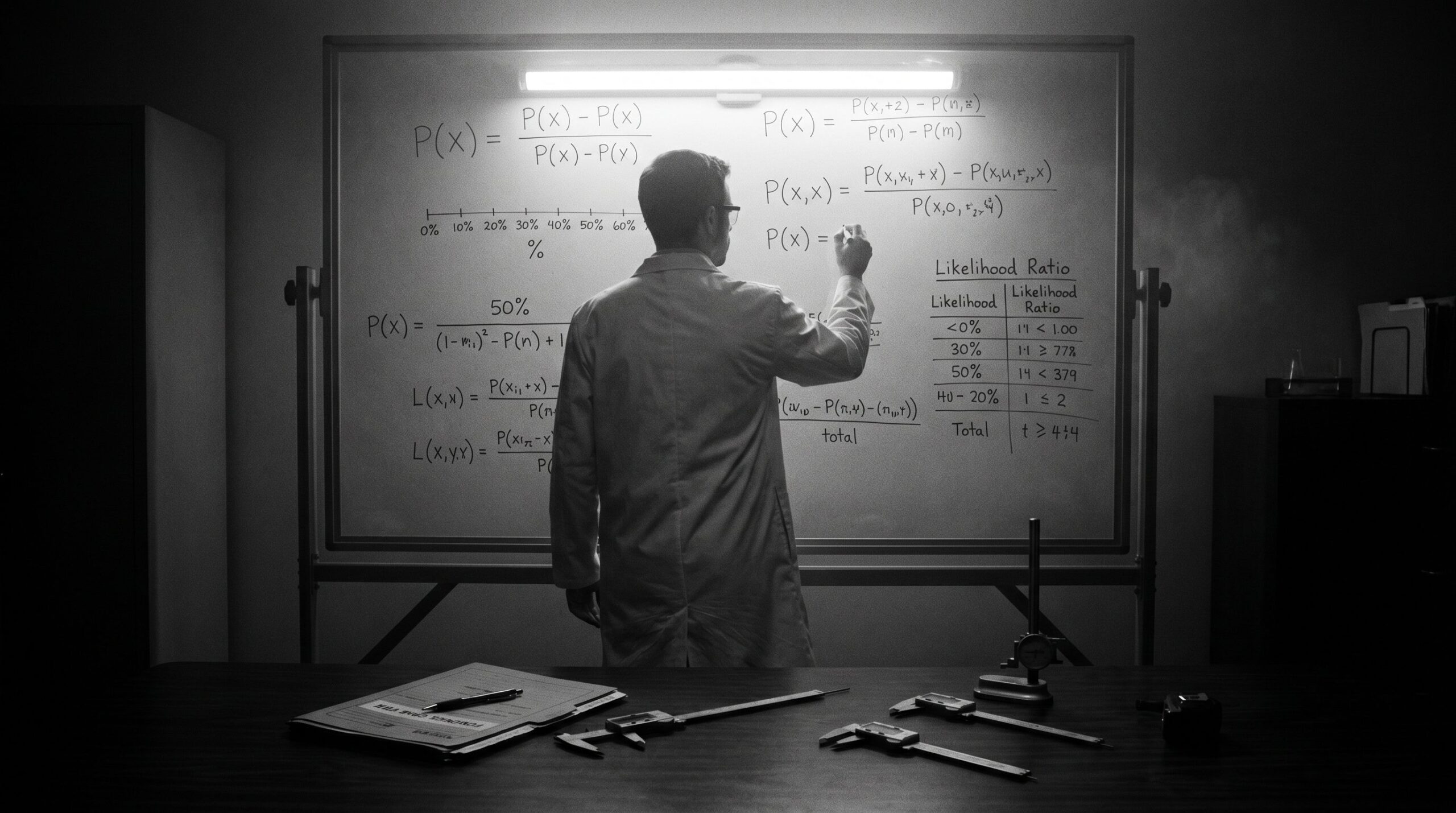 Forensic probability equations on glass whiteboard, symbolizing likelihood ratios in expert testimony