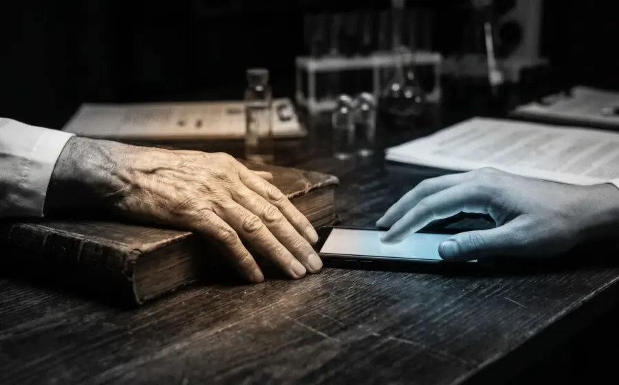 Elderly and young hands symbolizing generational transition from analog to digital age