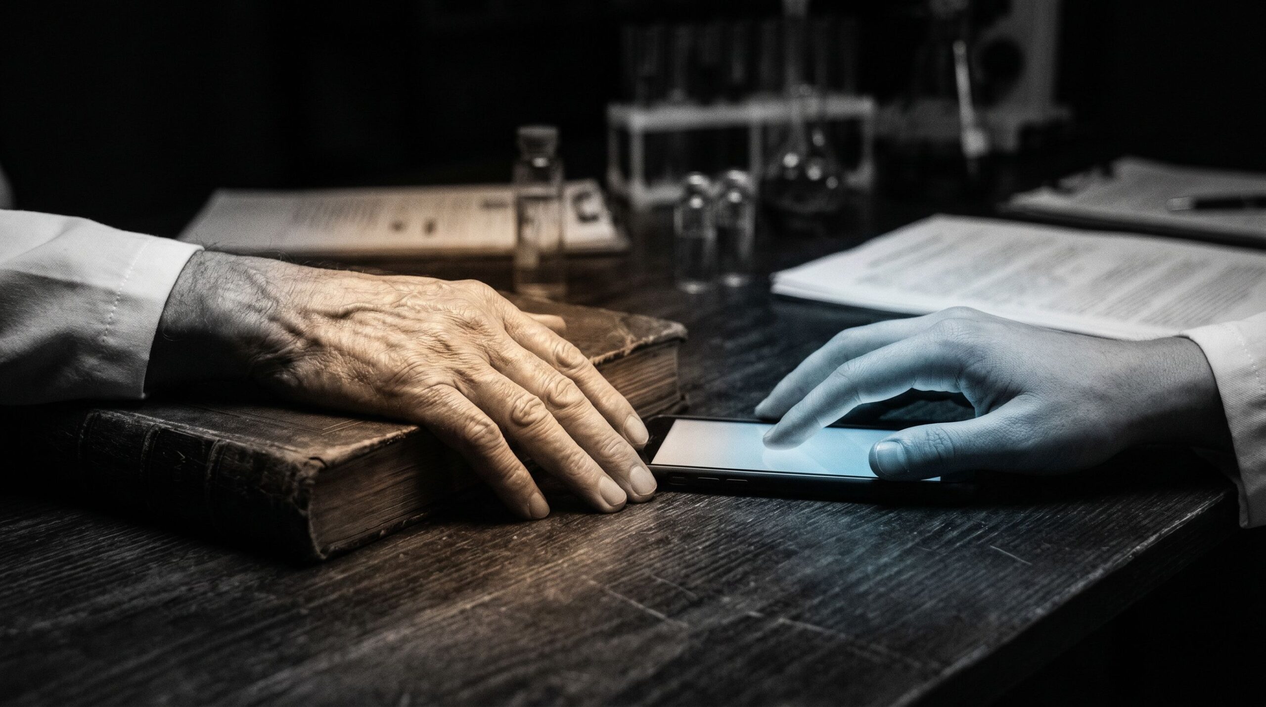 Elderly and young hands symbolizing generational transition from analog to digital age