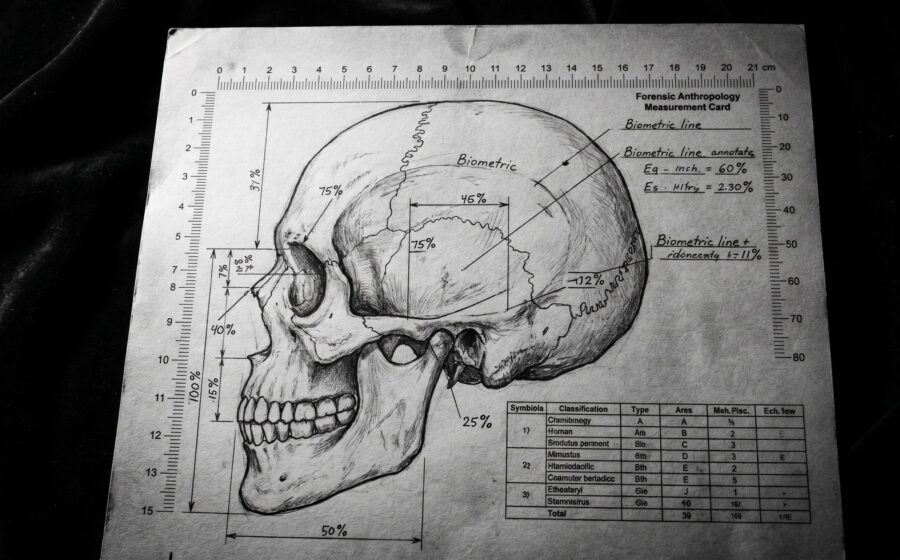 Forensic biometric measurement chart with percentage annotations, scientific identity analysis