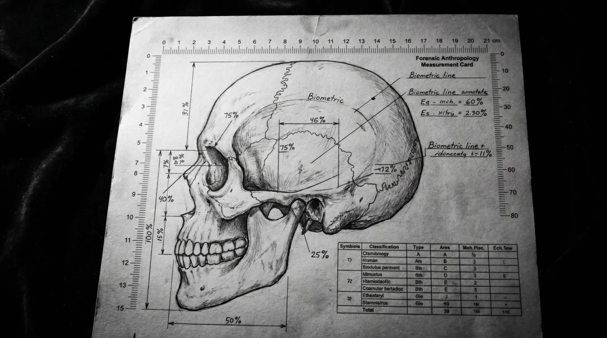 Forensic biometric measurement chart with percentage annotations, scientific identity analysis