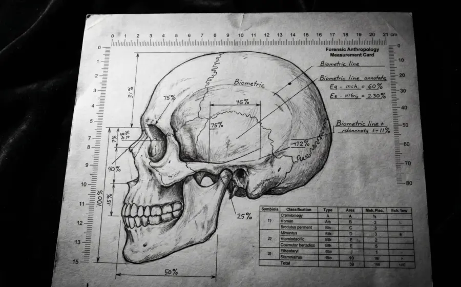 Forensic biometric measurement chart with percentage annotations, scientific identity analysis