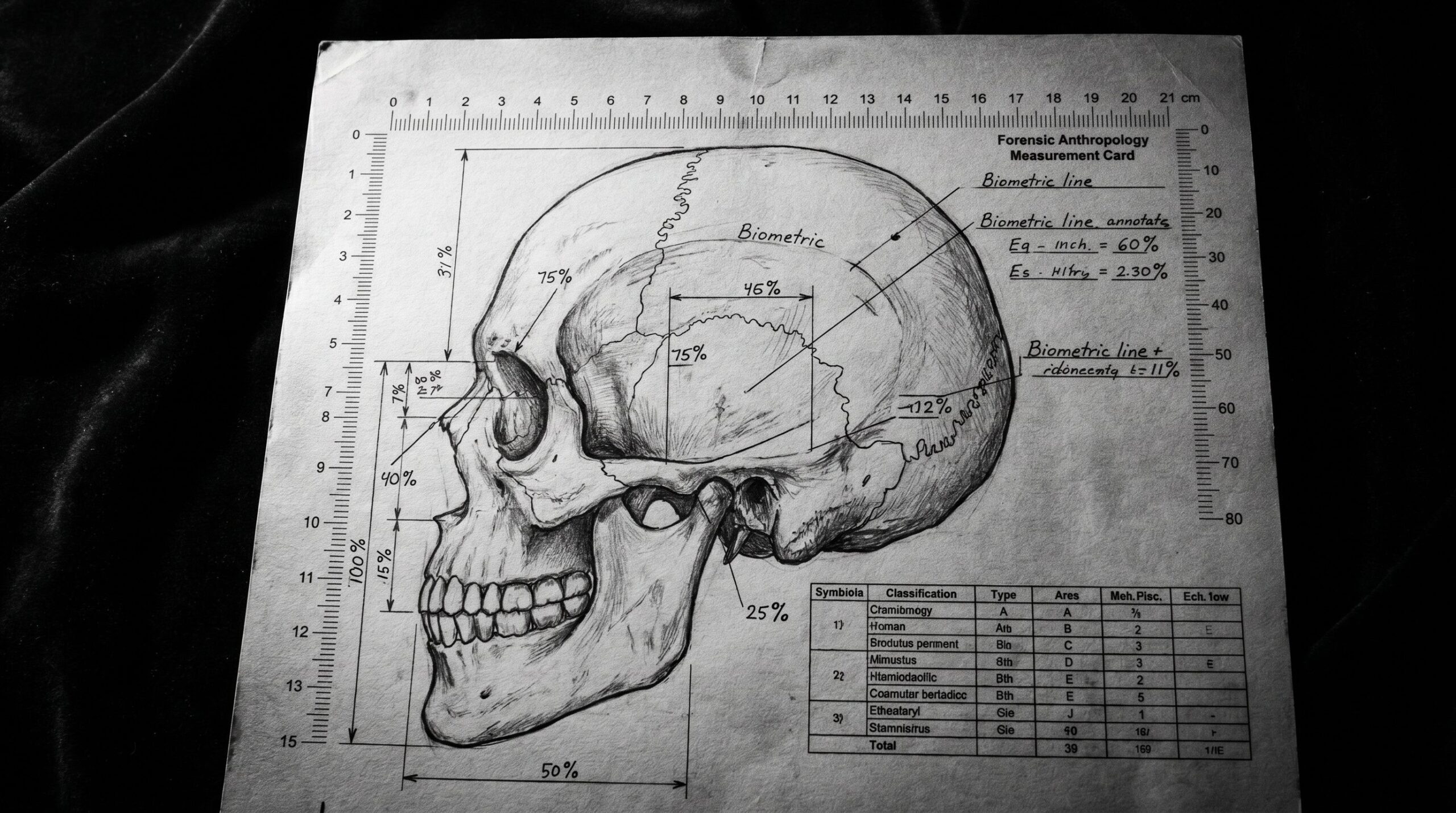 Forensic biometric measurement chart with percentage annotations, scientific identity analysis