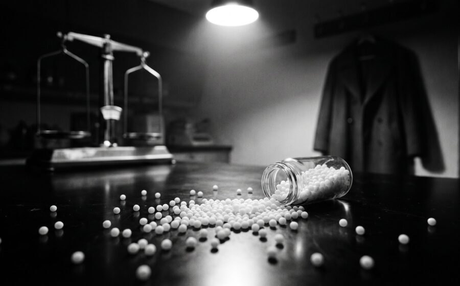 Homeopathic globules on laboratory glass, symbolizing the placebo effect and sugar pill debate