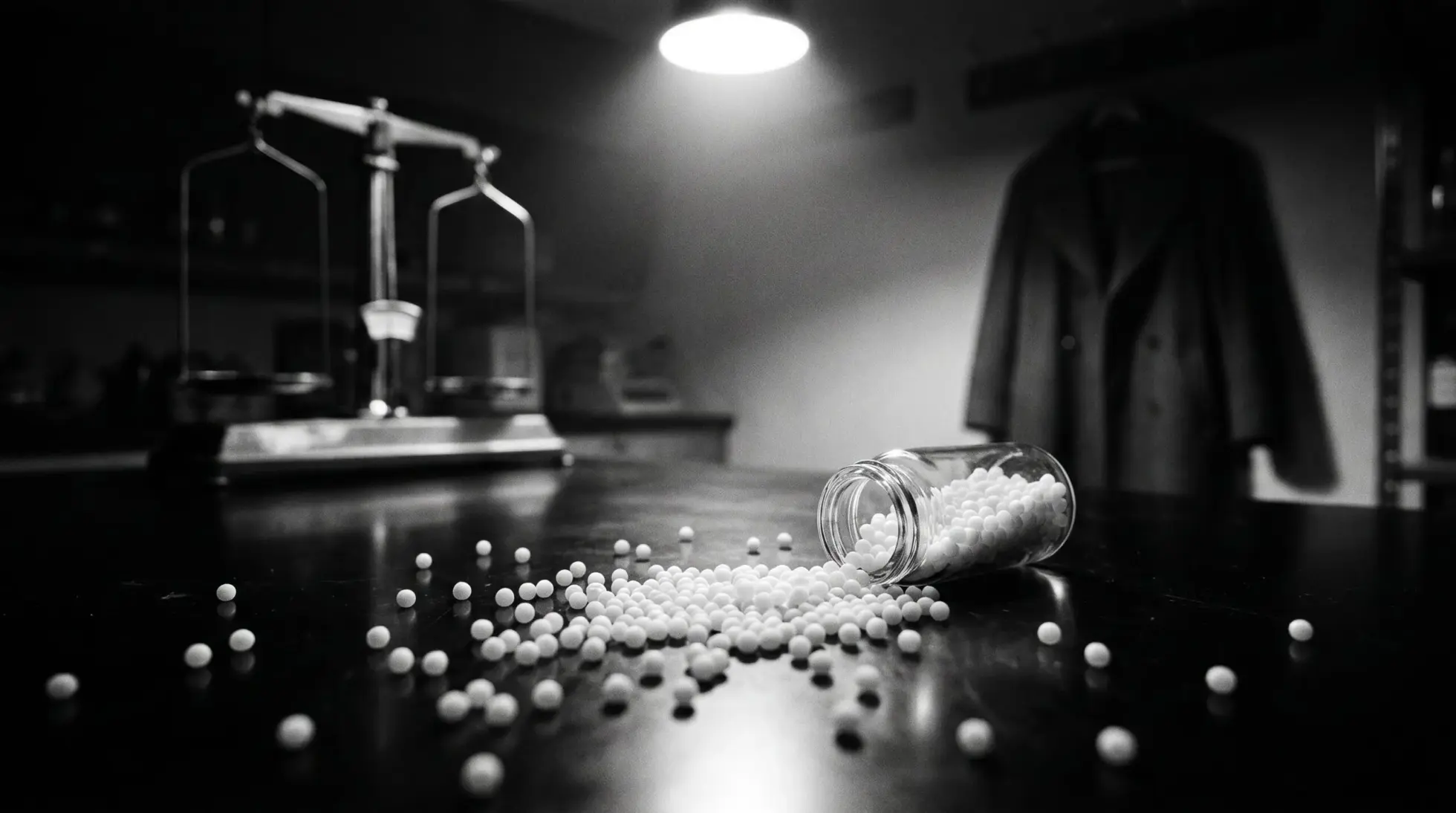 Homeopathic globules on laboratory glass, symbolizing the placebo effect and sugar pill debate
