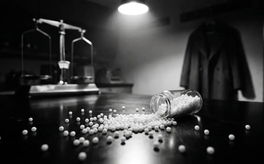 Homeopathic globules on laboratory glass, symbolizing the placebo effect and sugar pill debate