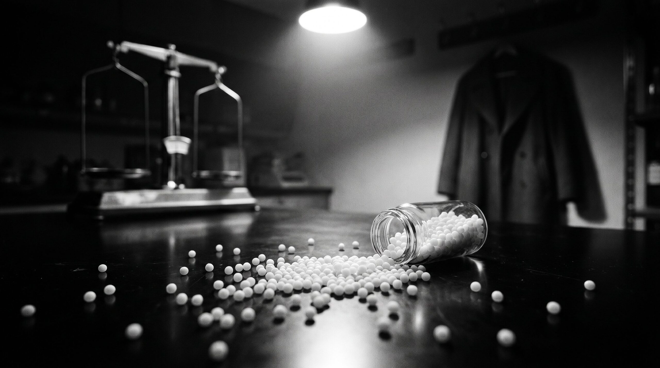 Homeopathic globules on laboratory glass, symbolizing the placebo effect and sugar pill debate