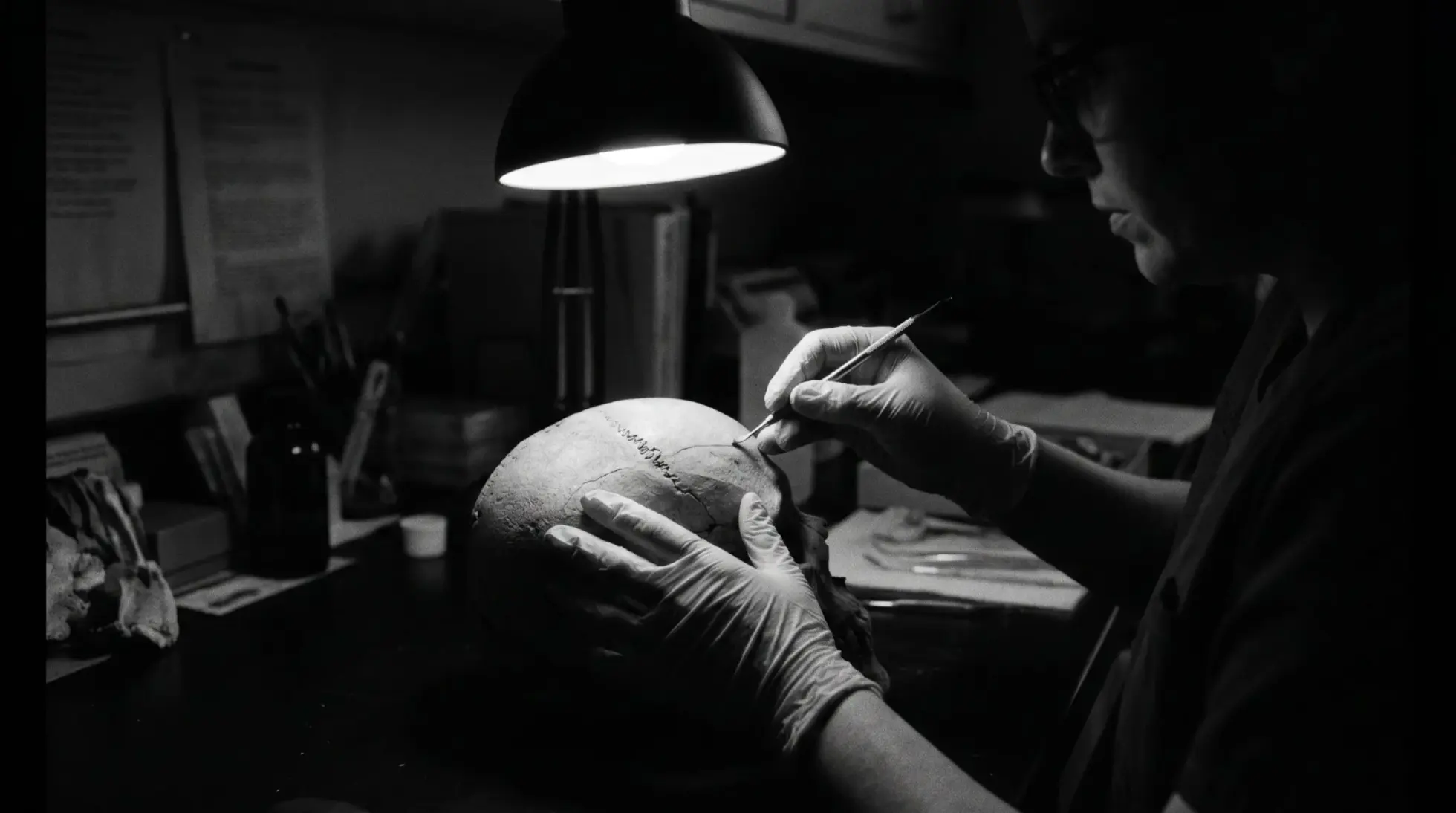 Cranial sutures on a skull used to read age in forensic anthropology