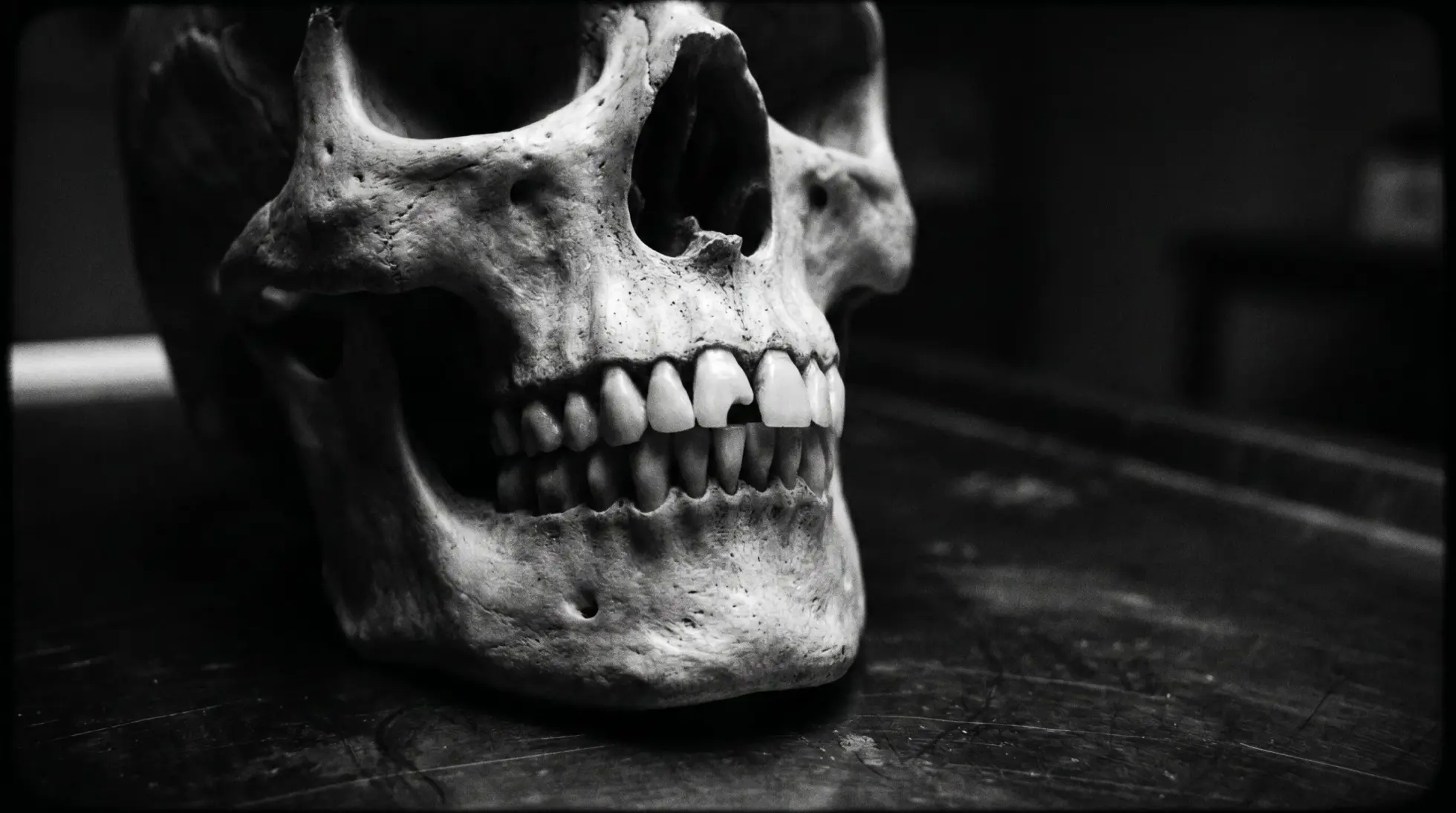 Close-up of a human skull with its dentition on a workbench, on congenital syphilis and Hutchinson's teeth