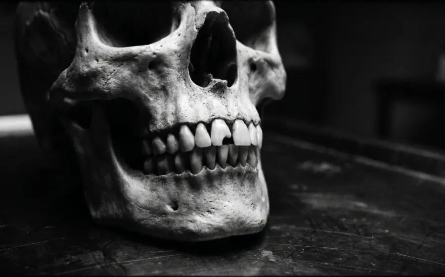 Close-up of a human skull with its dentition on a workbench, on congenital syphilis and Hutchinson's teeth