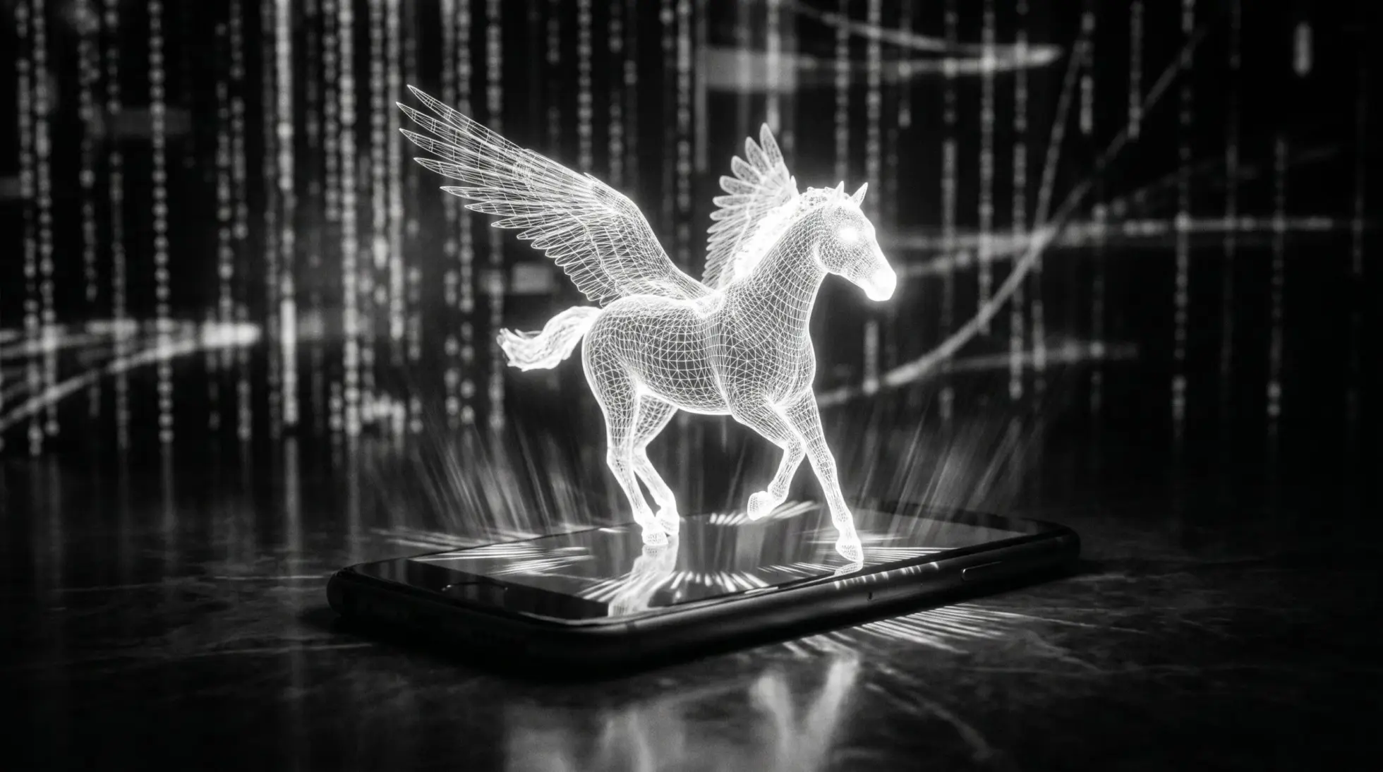 Pegasus spyware reaching into a smartphone to read private thoughts