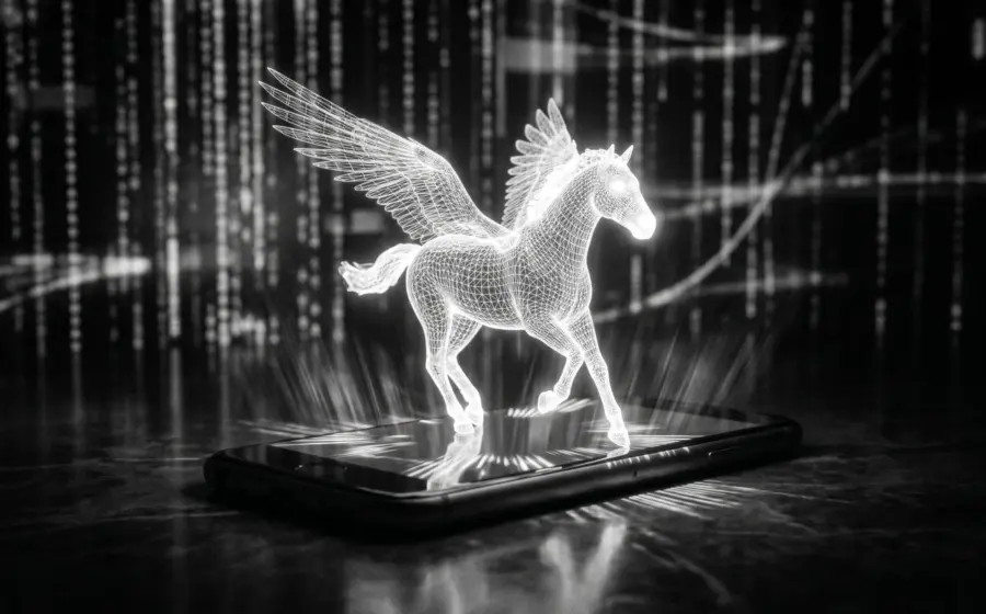 Pegasus spyware reaching into a smartphone to read private thoughts