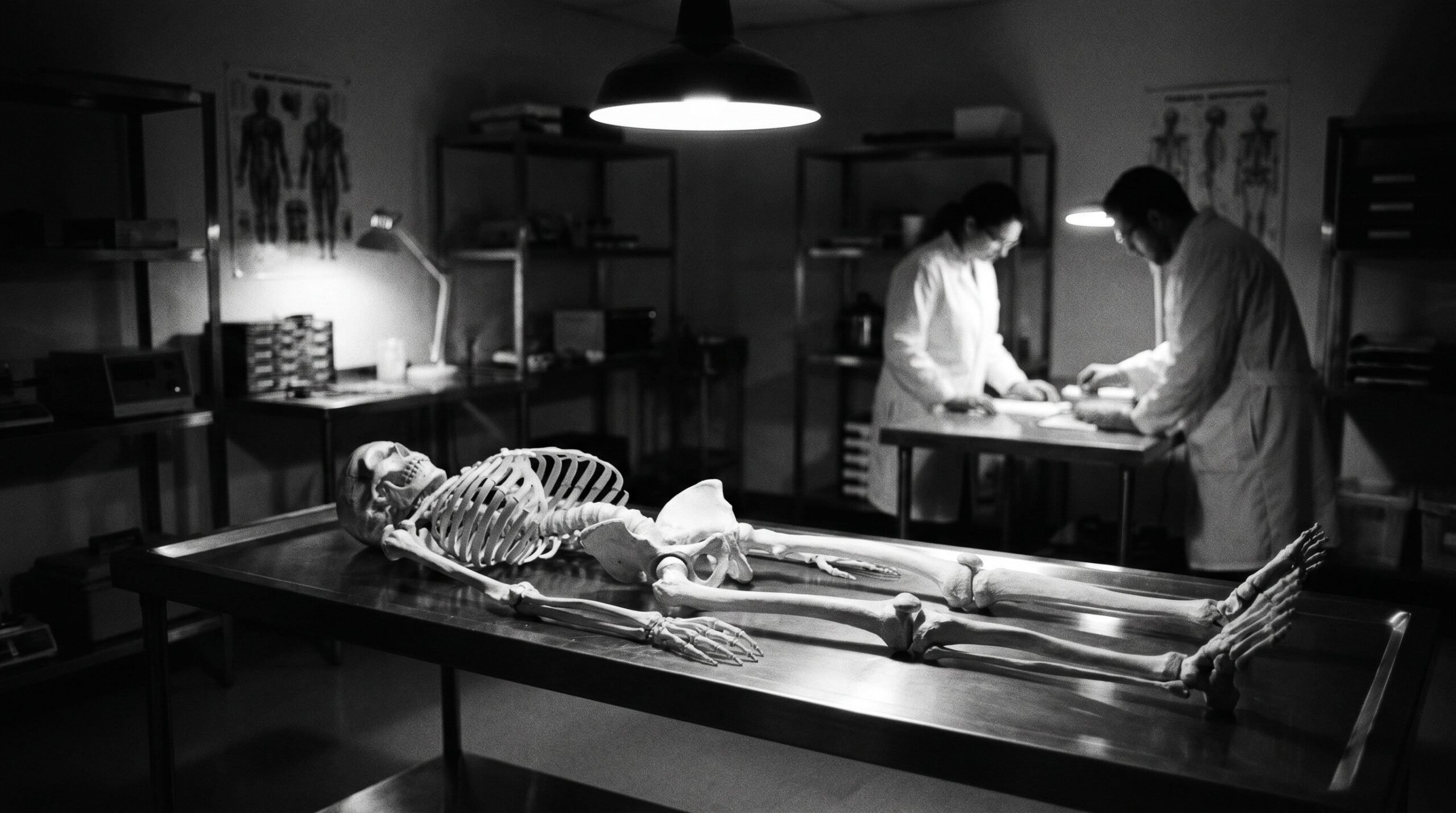 Skelettüberreste in anatomischer Position auf dem Untersuchungstisch während forensisch-anthropologischer Analyse