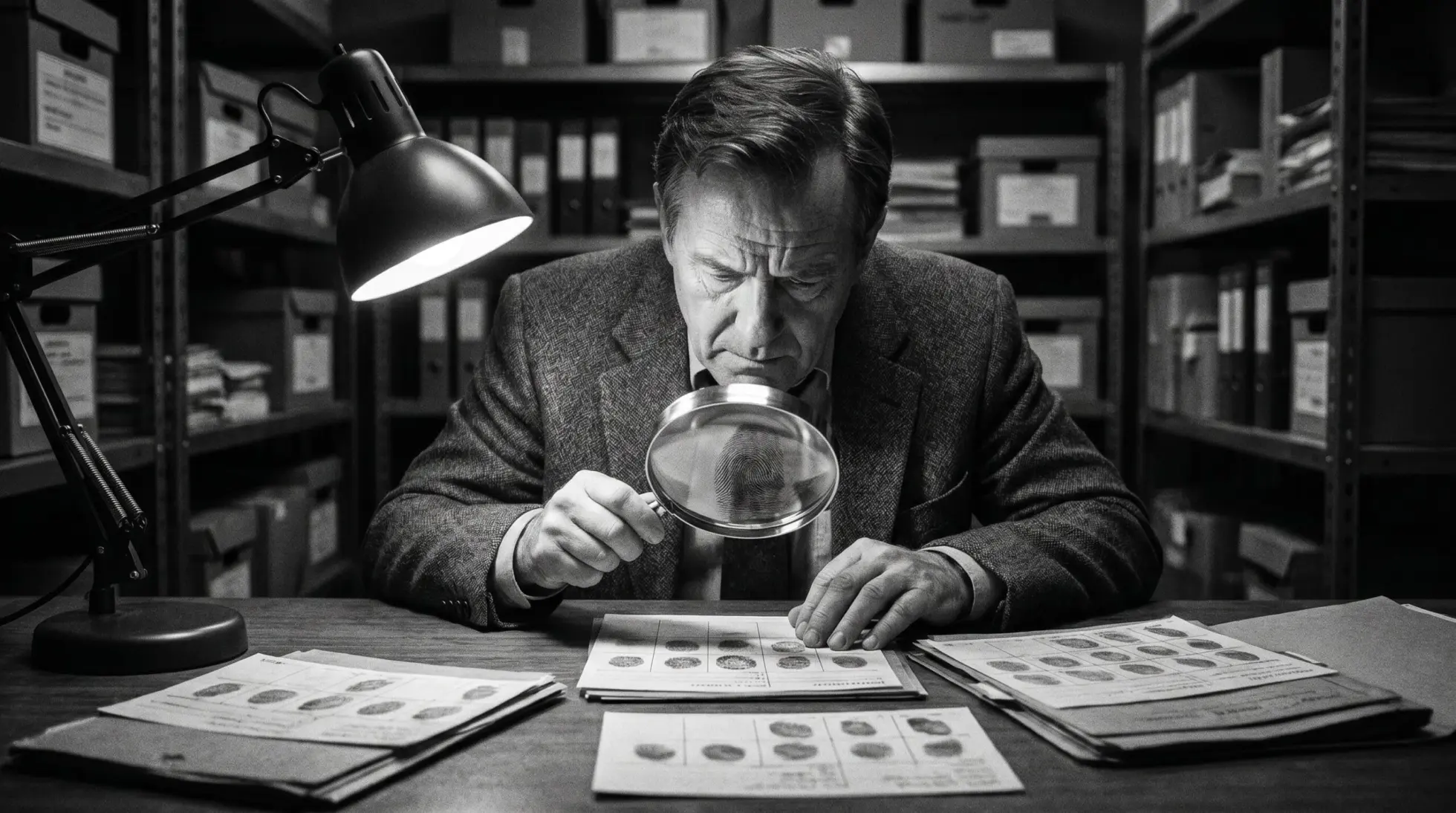 A magnified fingerprint and ridge detail questioning forensic reliability