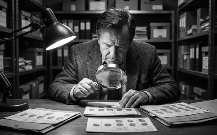 A magnified fingerprint and ridge detail questioning forensic reliability